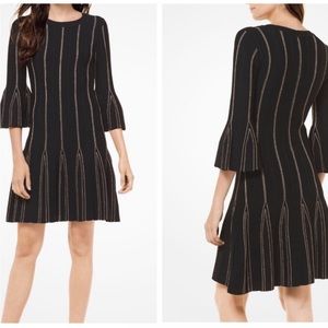Michael Kors Black and Gold Striped Bell Sleeve Dress Size Medium